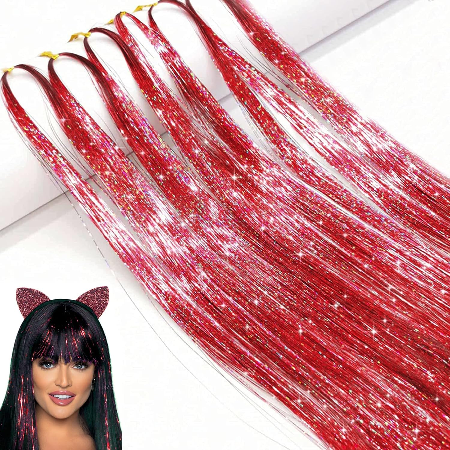 Hair Tinsel Extensions 1200 Strands &ndash; 47Inch Long Sparkle Glitter Hair Highlights, Holographic Fairy Shiny Tinsel Extensions for Women &ndash; Party, Festival and Christmas Hair Decorations (Pink)