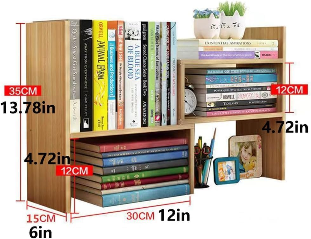 Hbluefat Desktop Bookshelf,Small Desk Shelf Organizer Mini Shelves Adjustable Desk Bookcase Display Organizer for Home Office, Bedroom, Living Room (Wood) image number 1