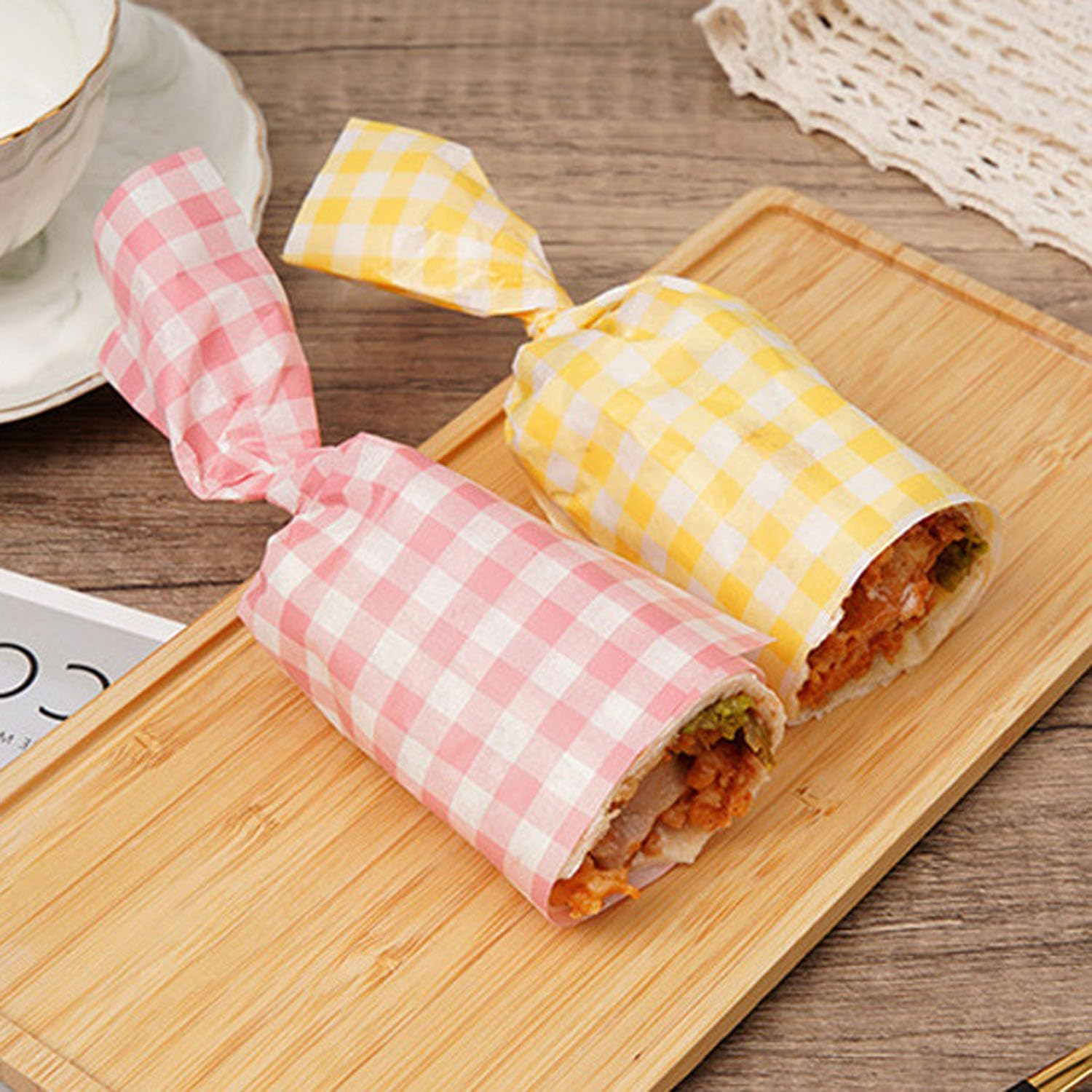 100 Pcs Deli Paper Sheets,Checkered Food Grade 18X18Cm Greaseproof Paper Sheets,Dry Waxed Baking Deli Paper,Square Food Basket Liners for Sweets Cakes Sandwich Hamburger Bread (Yellow) image number 6