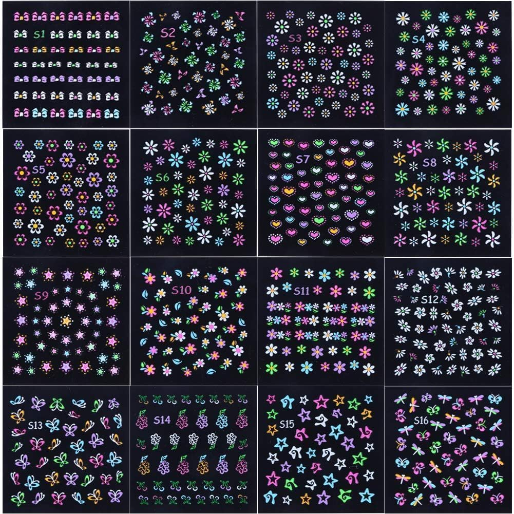 Kalolary 24Sheets Fluorescence Nail Art Stickers Decals 3D Self-Adhesive Butterfly Flower Love Fruits Pattern DIY Decoration Tools Accessories for Women image number 2