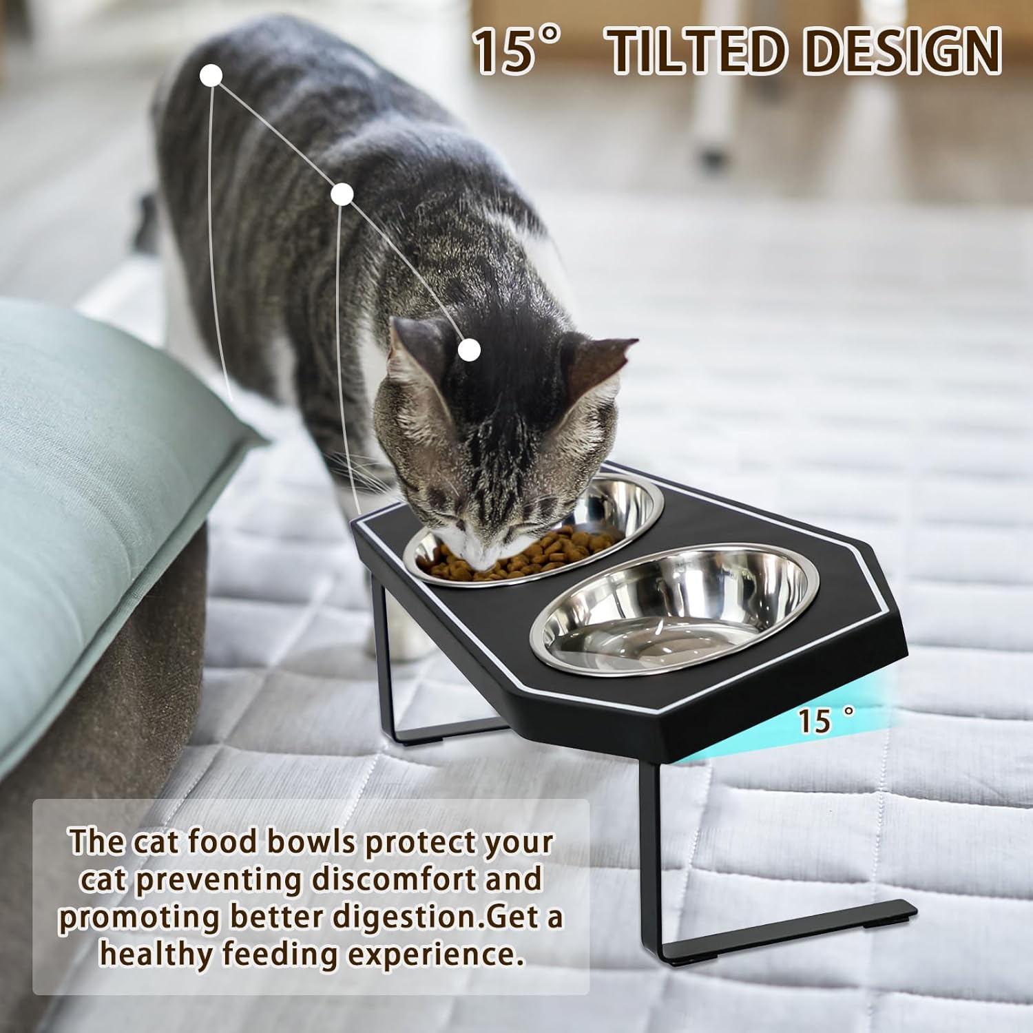 Cat Food Bowls Elevated, Gothic Cat Bowls, Raised Cat Bowls for Indoor Cats with Non-Slip Stand & Wood Board, Stainless Steel and Whisker Friendly Food Bowls image number 5
