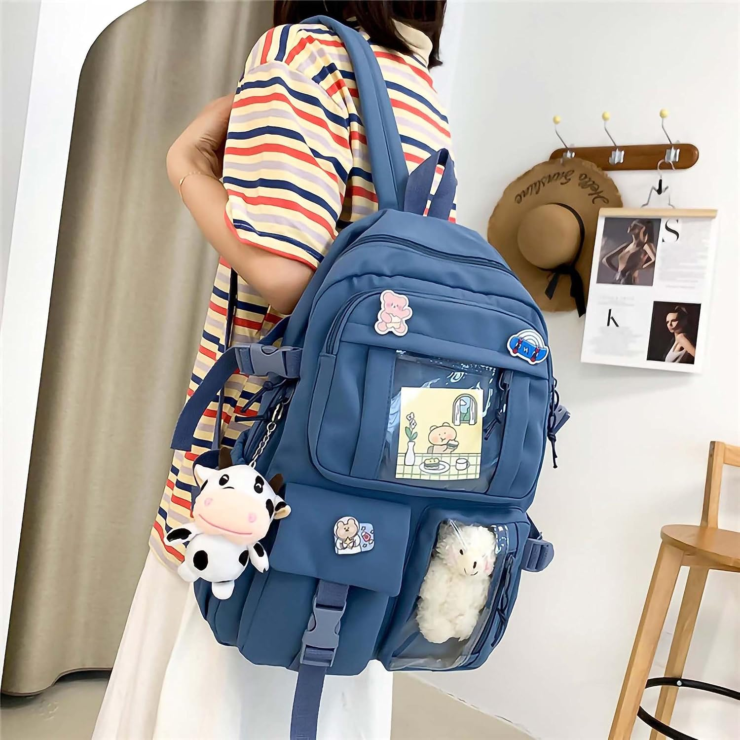 MOJIDUO Kawaii Backpack with Cute Plush Pendant and Kawaii Pins,Aesthetic Backpack Cute Kawaii Backpack for School - Bule image number 2