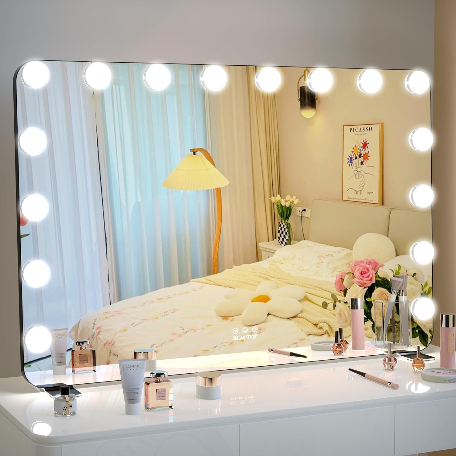 Vanity Mirror with Lights, White Hollywood Lighted Makeup Mirror with 14 Dimmable LED Bulbs for Dressing Room & Bedroom, Tabletop or Wall-Mounted, 60X50.7Cm