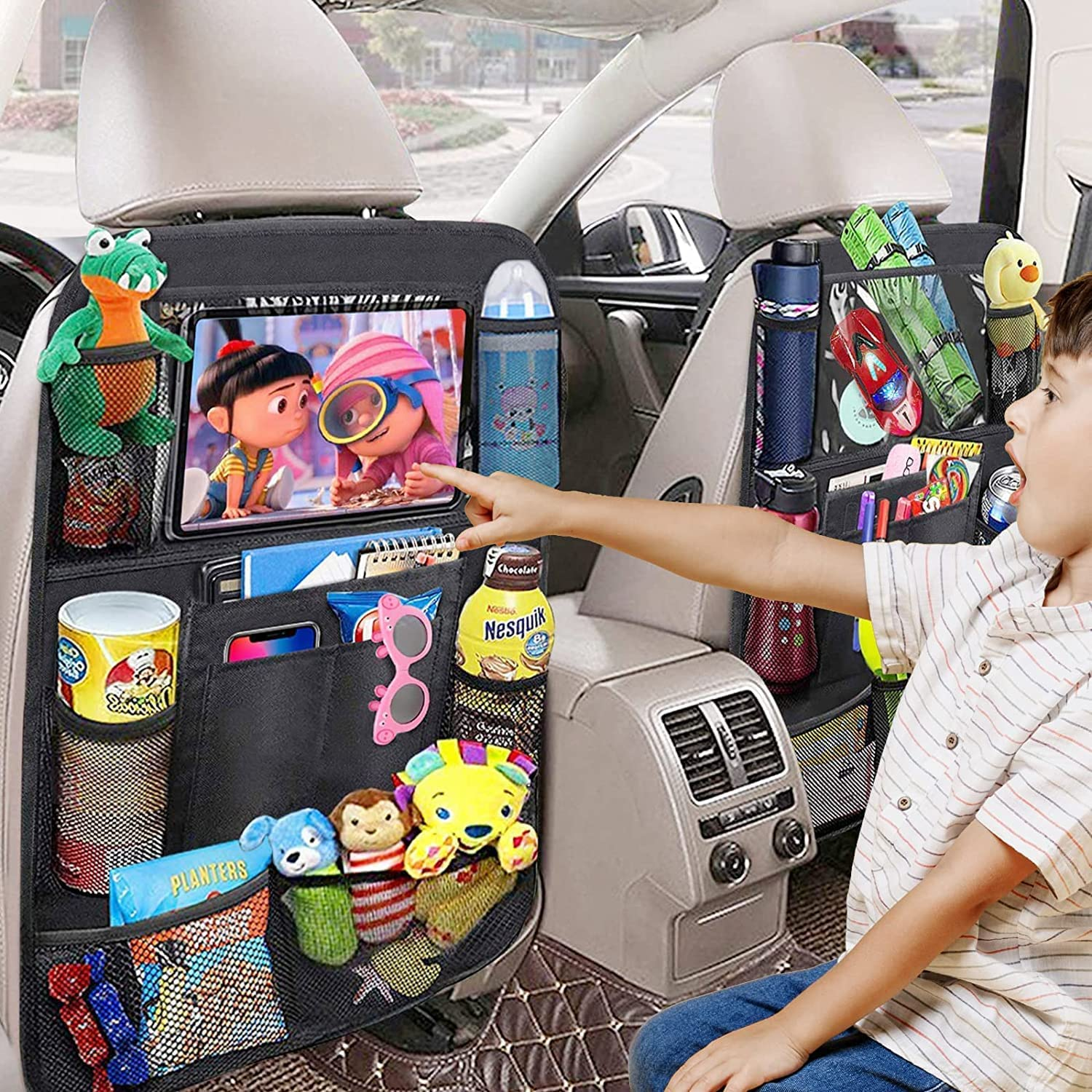 2PCS Car Organisers, Car Seat Back Organiser with 10 Inch Ipad/Tablet Bag, 600D Oxford Fabric Waterproof Car Seat Back Seat Organiser Car Seat Protector Backrest, Black image number 3