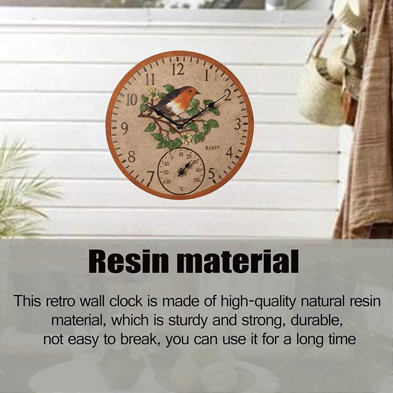 Wall Clock Thermometer | Wall Clock Thermometer Clock - Thermometer with Clock, Battery Operated round Clock Wall Decorative for Patio Garden image number 4