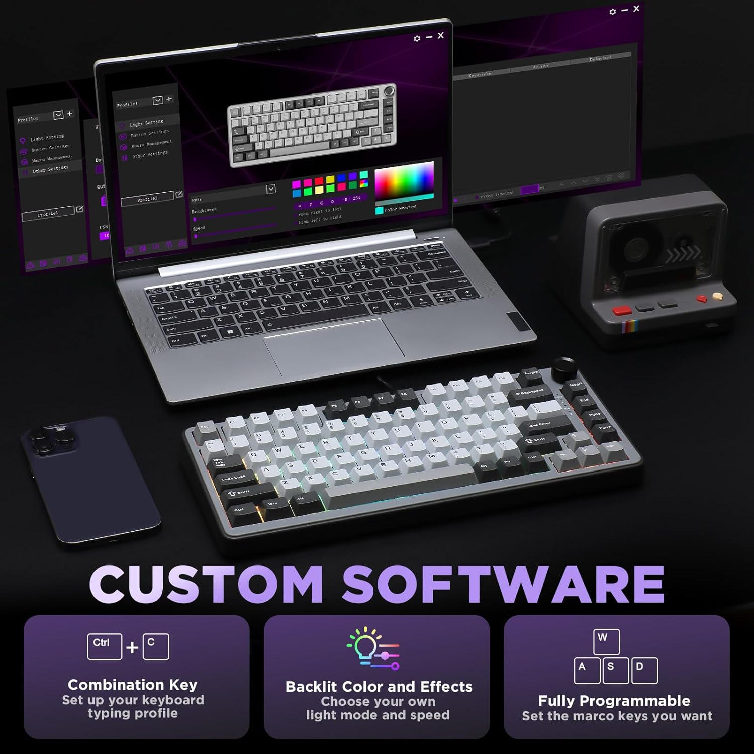 YUNZII B75 Mechanical Keyboard, 75% Hot Swappable Keyboard with Knob, RGB Backlit Gasket Gaming Keyboard with Double-Shot PBT Keycaps, for Win/Mac (Dark Grey, Cocoa Cream V2 Switch) image number 5