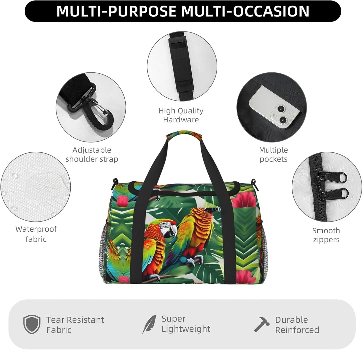 Tropical Flower Leaf Parrot Print Weekender Overnight Carry on Bag Duffel Bag for Travel Women Men Gym Luggage Bag Carry On, Black, One Size image number 4