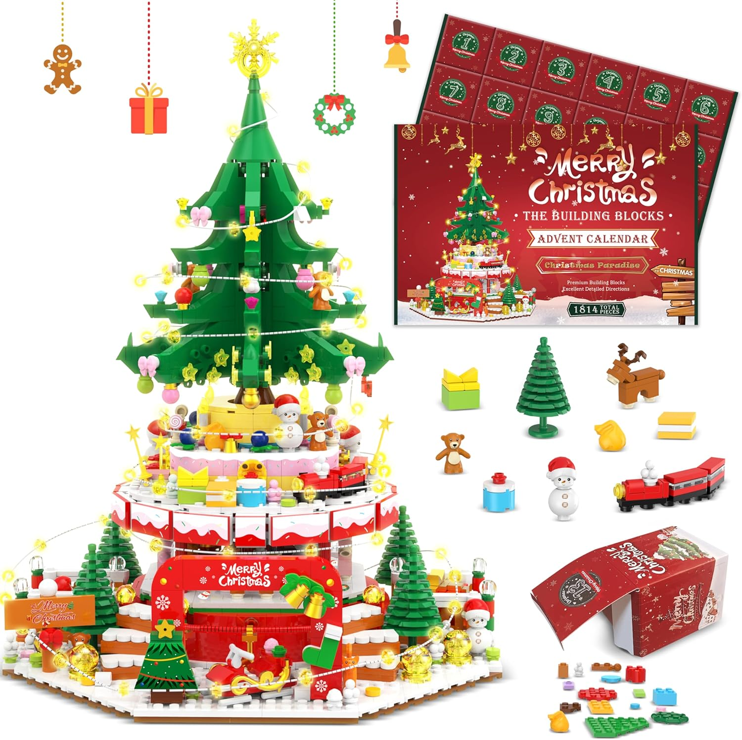 Advent Calendar 2024 Christmas Tree Paradise Building Toy Set with LED Light, 24 Boxes Surprise Christmas Countdown Calendar Building Blocks Display, Creative Gifts for Adults Teens Girls Ages 6+ image number 1
