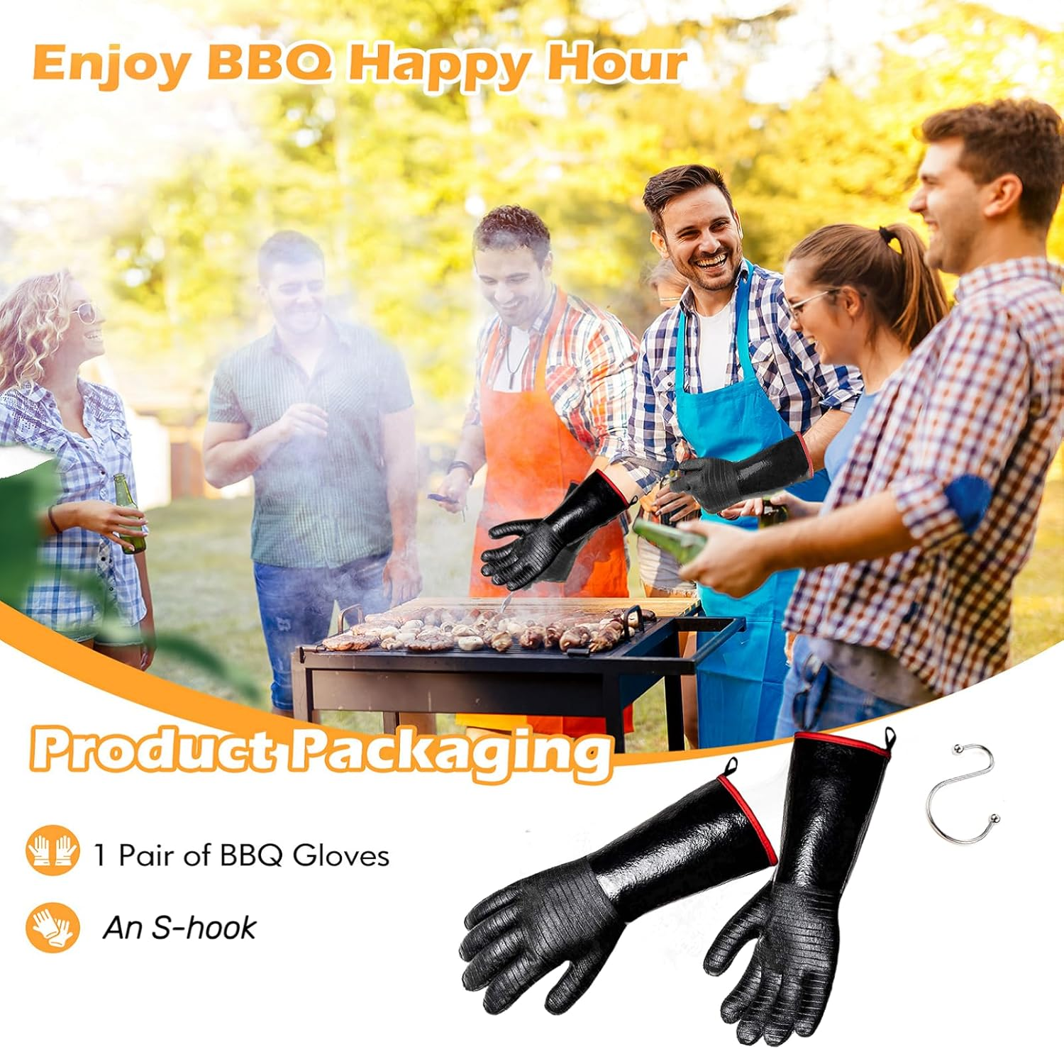 JENPOS BBQ Gloves - 1472&deg;F Thicken Heat Resistant Gloves W/S-Hook 14 in Kitchen Oven Mitts Waterproof Grill Gloves Oil Resistant Grilling Gloves Cooking Gloves for Turkey Fryer/Baking/Oven/Smoker image number 1
