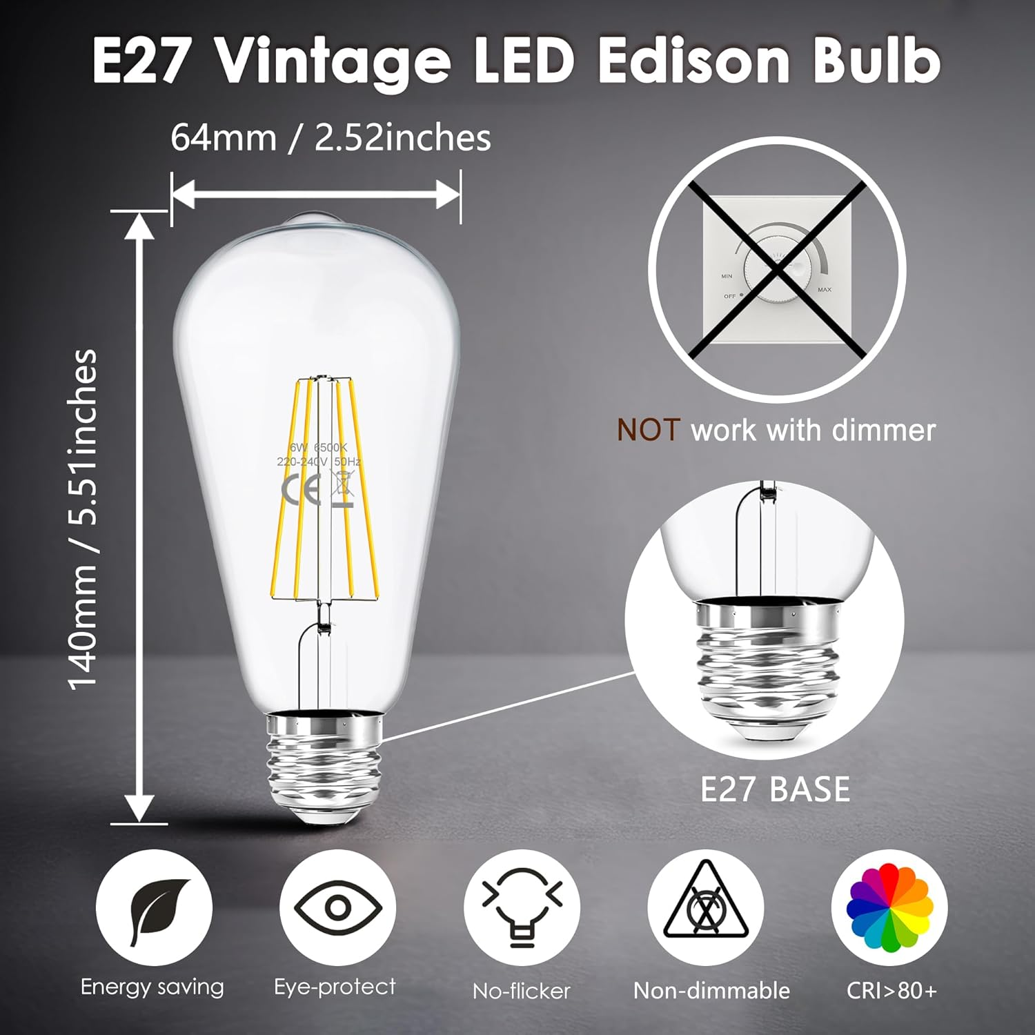FTL E27 Vintage Edison Light Bulb 6500K Cool White,St64 6W E27 Filament Edison Screw Bulb 60W Halogen Equivalent,650Lm Antique Style LED Filament Bulbs,Non-Dimmable,Pack of 6 image number 5