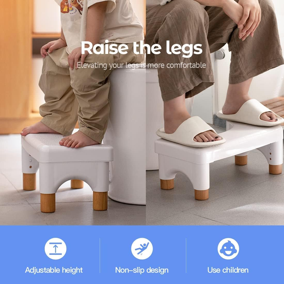 Height Adjustable Toilet Stool for Adults and Kids - Bathroom Step Stool, Heavy Duty Squatting Poop Aid, Anti-Slip Waterproof Foot Potty - Wood Highlight image number 2