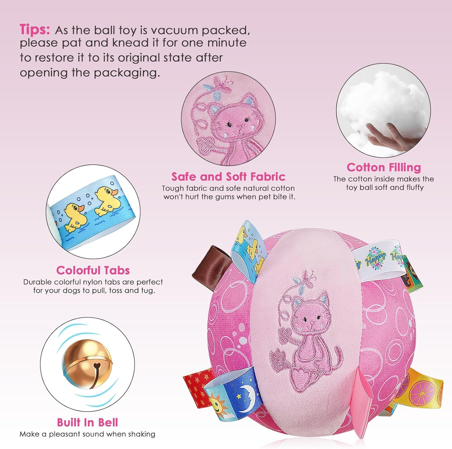 Dog Squeaky Plush Toy with Straps, 6-Inch Soft Stuffed Ball with Cotton Material and Bell Built-In, Pet Interactive Fetch Toy for Small to Large Dog