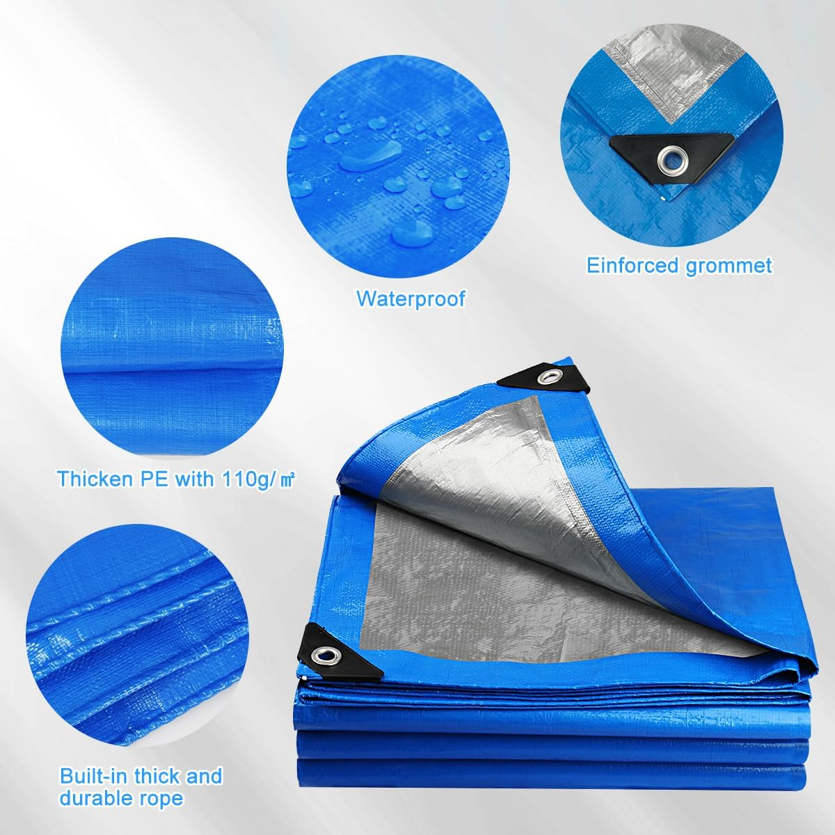Onarway Tarpaulin 6M X 6M Thicken Tarpaulin Waterproof Heavy Duty 110GSM with Reinforced Grommets, Tarp Sheet Cover for Multipurpose Outdoor Use, Blue image number 6