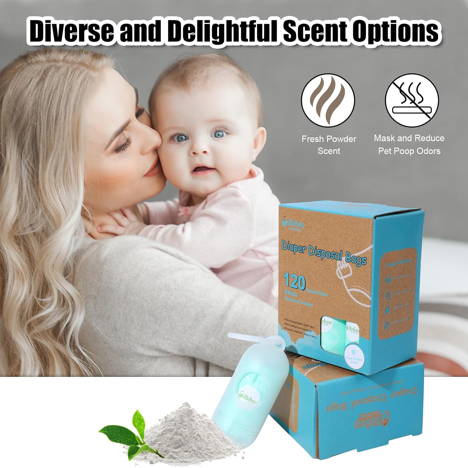 Diaper Bags Disposable for Baby - Fresh Powder Scent, 8 Refill Rolls (120 Pack) Diaper Trash Bags with Dispenser, Diaper Bag Accessory image number 4