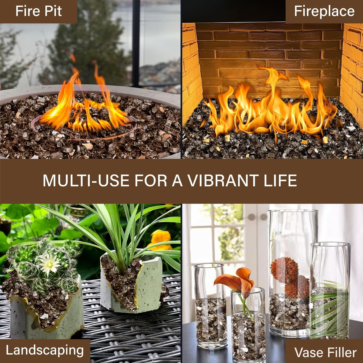 NUPICK 5 Pound Fire Glass, 1/4 Inch Reflective Fire Pit Glass, Tempered Firepit Glass Rock for Propane or Natural Gas, Glass Rocks for Fire Pit Table, Fireplace Glass for Landscaping, Bronze image number 3