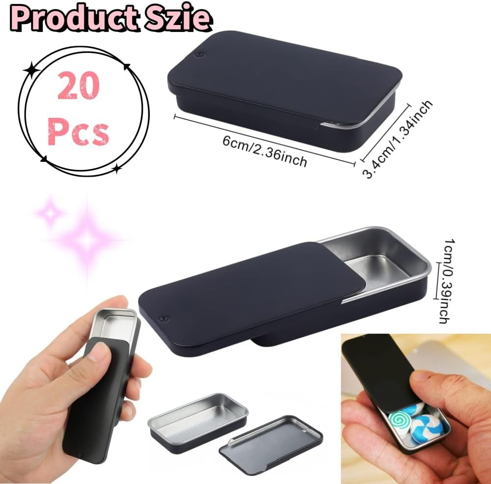 20Pcs Mini Portable Slide Top Small Tin Containers,2.36" X 1.34" X 0.39"Metal Tins Box Empty Storage Organizer Tins with Lids for Lip Balm Candies Candles (&lrm;Black)