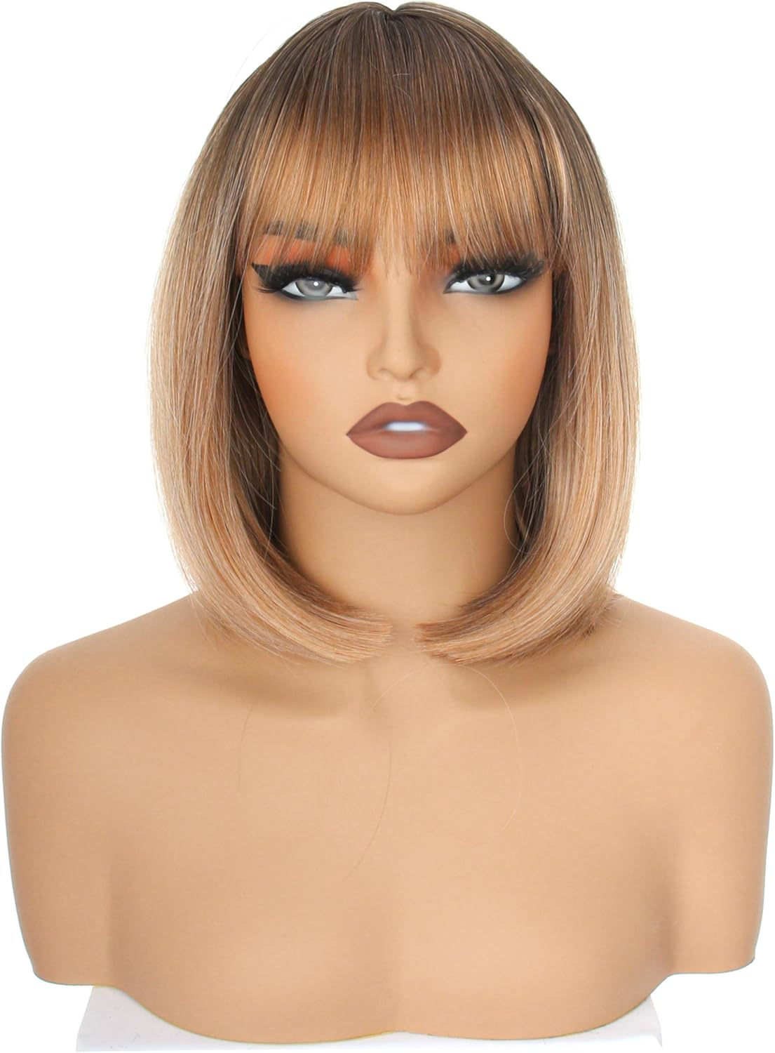 YEESHEDO Women'S Short Bob Wigs Straight with Flat Bangs Colorful Hair for Cosplay Party Halloween Costume Replacement Wig for Girls 12" (Blonde Ombre) - Black image number 5