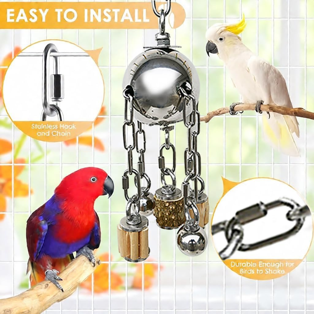 Large Bird Toys, Natural Wooden and 304 Stainless Steel Bell Toy for Parrots, Birds Cage Toy for Amazon Parrot, African Greys, Budgies, Lovebirds, Cockatiels,Cockatoo image number 3