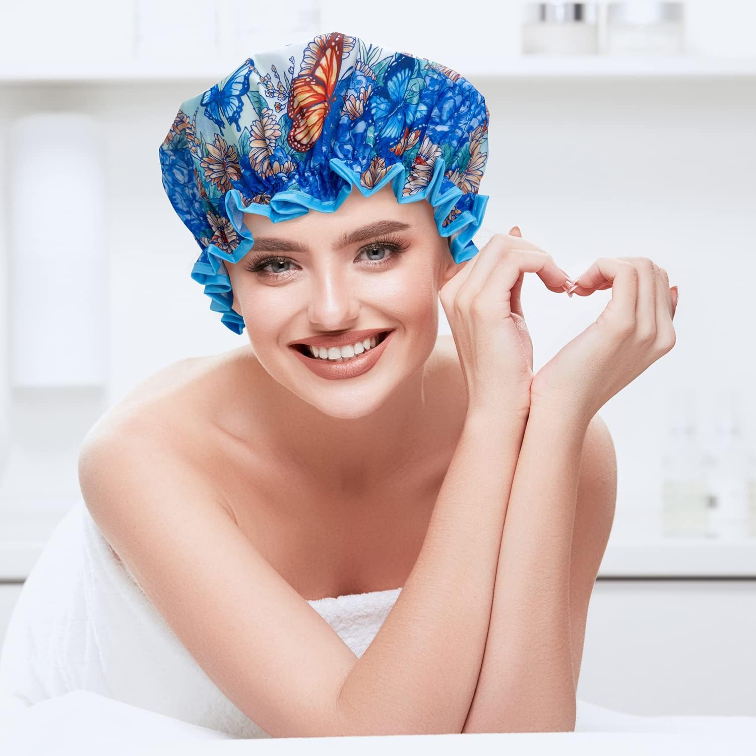 Bodylife Shower Cap Reusable Bath Cap Dual Layered Waterproof Blue Butterflies 27Cm image number 6
