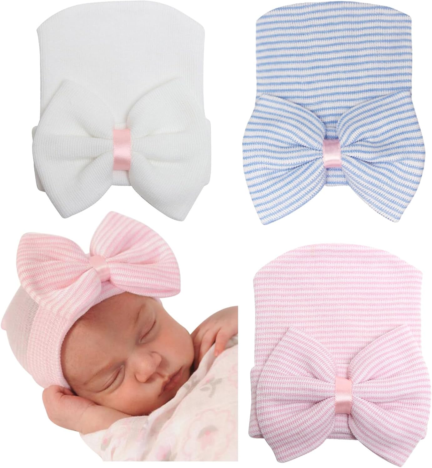 AQOKKA 3 Pack Newborn Hospital Hat Infant Baby Hat Cap with Big Bow Knit Ribbon Soft Cute Nursery Beanie 0-3 Month