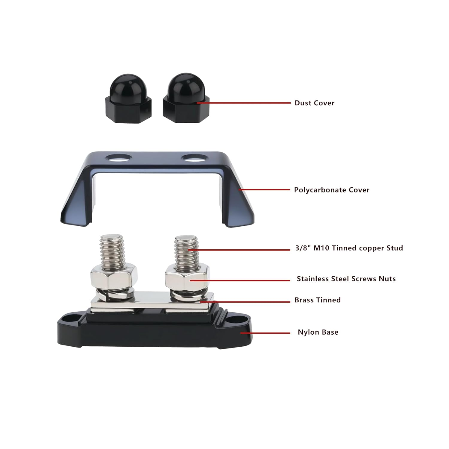 Emagtech 2Pcs M10 Dual Stud Bus Bars 3/8" Power Distribution Block Dual Power Stud Busbar Terminal Junction with Screws for Car Marine Boat Red and Black image number 3