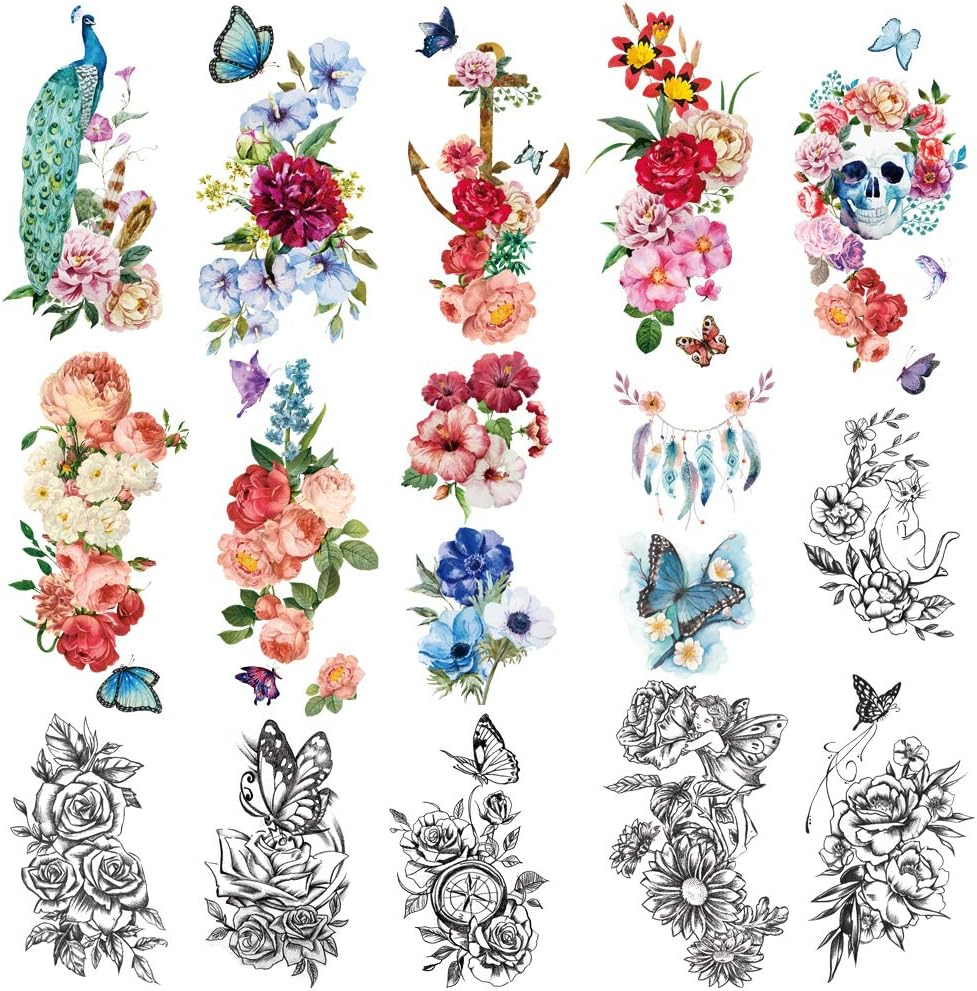 Yazhiji 49 Sheets Large Sexy Flowers Collection Waterproof Temporary Tattoos Lasting Tattoos for Women and Girls.