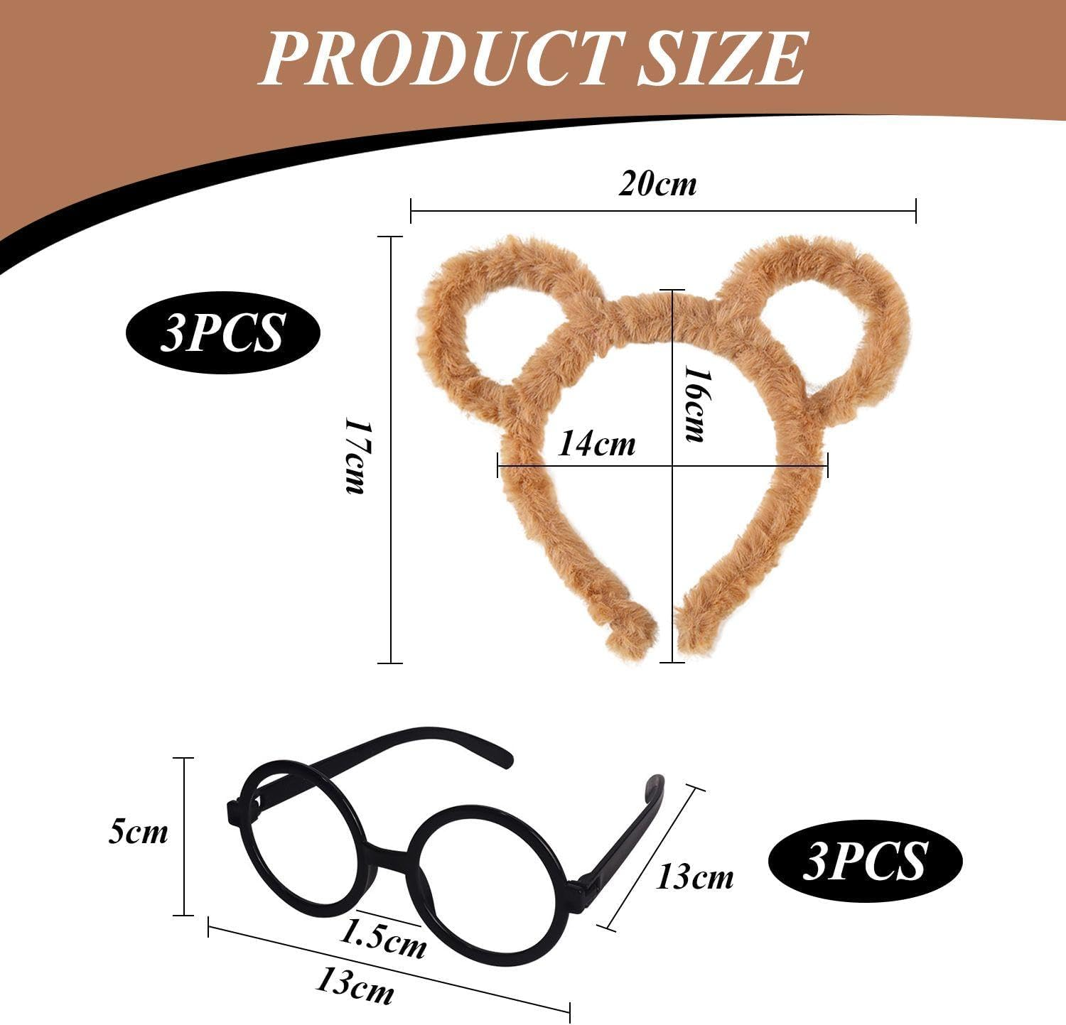 3 Pieces Brown Plush Headband, 3 Pieces Black Glasses, Cute Accessories for Bear Ear Hair Accessories, Role Play of Children, Party Outfits. image number 3