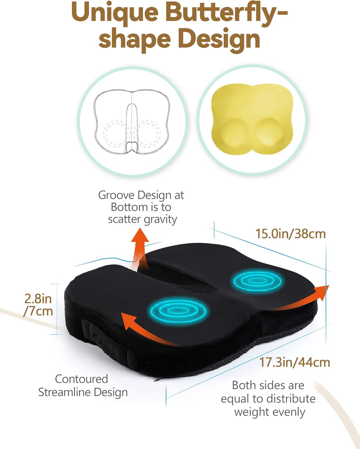 TRAVEL EASE Memory Foam Seat Cushion, Butterfly-Shape Seat Cushion for Long Hours Sitting Comfort, Butt Support Pillow for Office Chair, Car Seat, Dining Chair (Carbon Black) image number 3