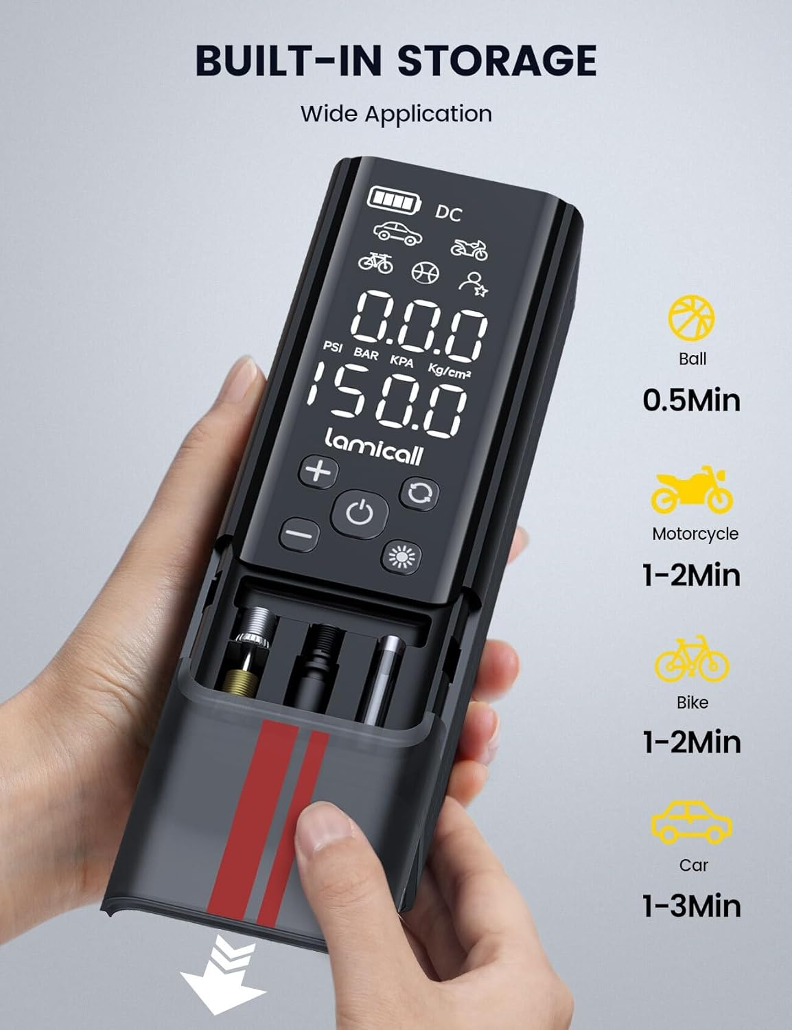 Tire Inflator Portable Air Compressor - Lamicall 150 PSI Cordless Car Air Pump, 1 Min Fast Inflate, Electric Tire Pump with 12V DC, Digital Pressure Gauge, LED Light, for Auto, Bike, Motorcycle, Ball image number 2