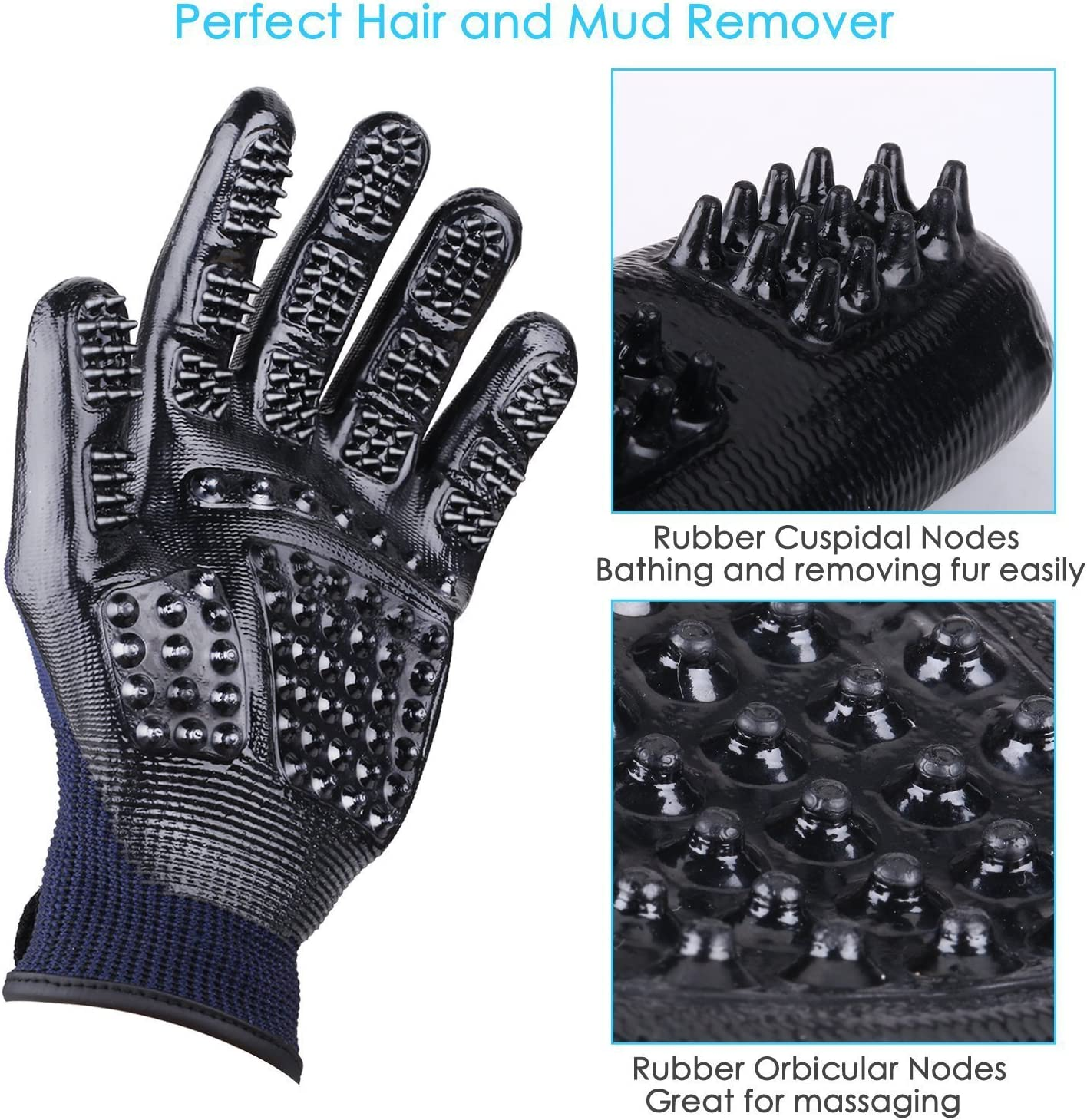 Bestbuy Pet Grooming Gloves - Improved Five Finger Design Rubber Glove Gentle De-Shedding Brushes for Cats, Dogs & Horses (Blue)