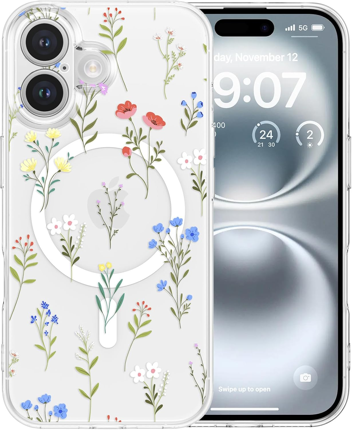 RALEAVO for Iphone 13 Case Compatible with Magsafe Clear Floral Cover with Flower Branch Pattern for Girls Women Slim Cute Hard Back Shockproof Phone Case for Iphone 13,Transparent