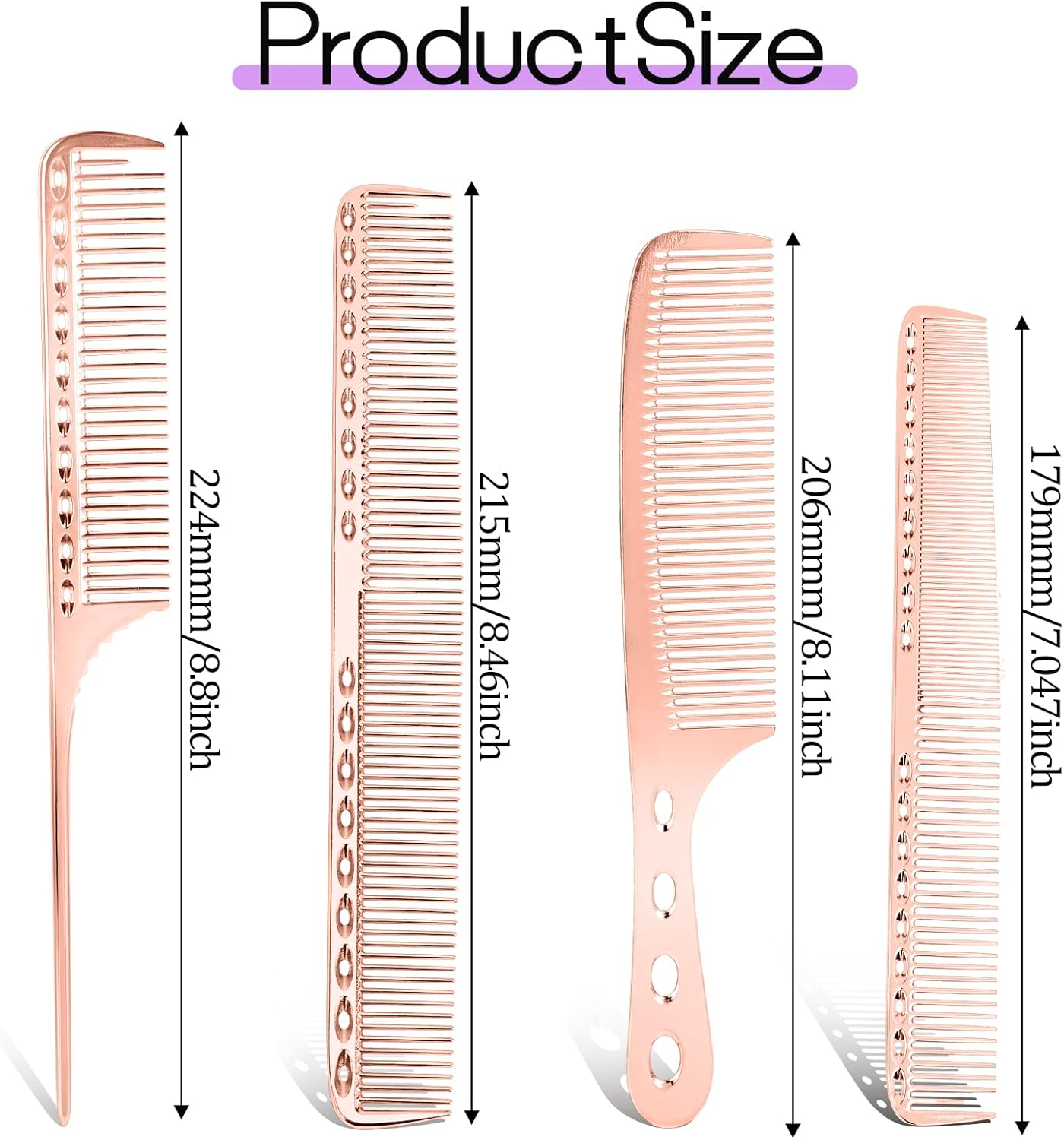 4 PCS Aluminum Hair Cutting Comb, Professional Metal Dressing Foiling Dandruff Combs Set for Women Barber Types Hair Cutting Comb Metal Rat Tail Combs for Wet Curly (Rose Gold) image number 4