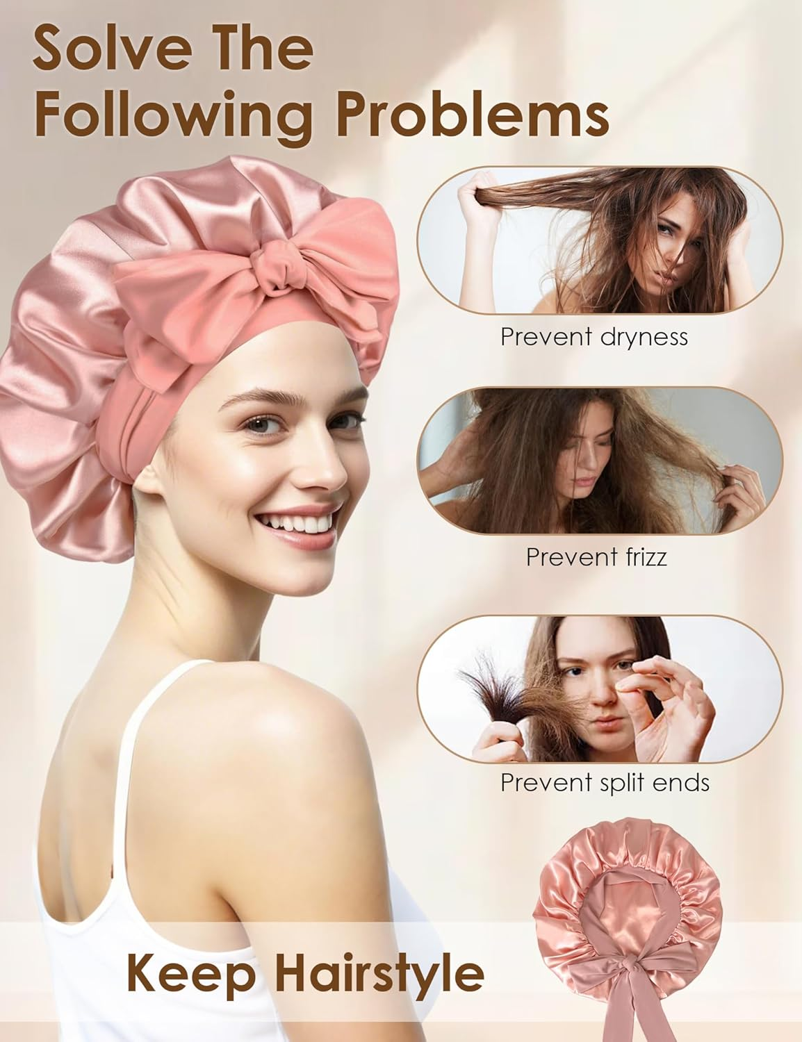 HAYAHARU 2 Pcs Silk Bonnet for Sleeping, Women Satin Bonnet, Silk Sleep Cap Double Layer Hair Hat with Tie Band, Elastic Wide Band Sleep Cap for Natural Curly Braids Hair - Khaki/Navy Blue image number 4