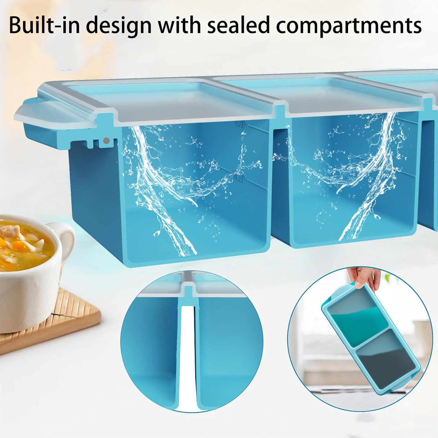 2 Pcs Silicone Freezer Tray with Lid, Silicone Freezer Food Molds, Large Ice Cube Tray, Leftovers, Sauce, Broth, Freeze & Store Soup, Makes 4 Perfect 1 Cup (Blue) image number 5