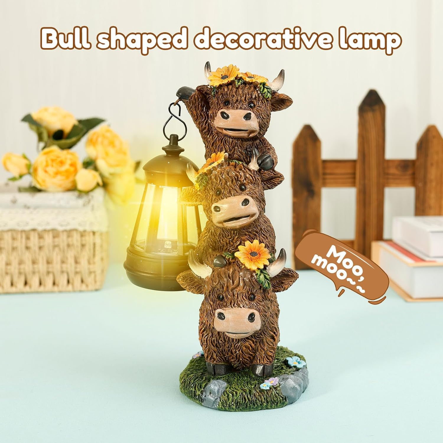 Garden Highland Cow Statue, Funny Highland Cow Decor with Solar Lantern, Synthetic Resin Cows Garden Statue, Lawn Ornament for Yard Patio Pathway (Color B) - Color A image number 6