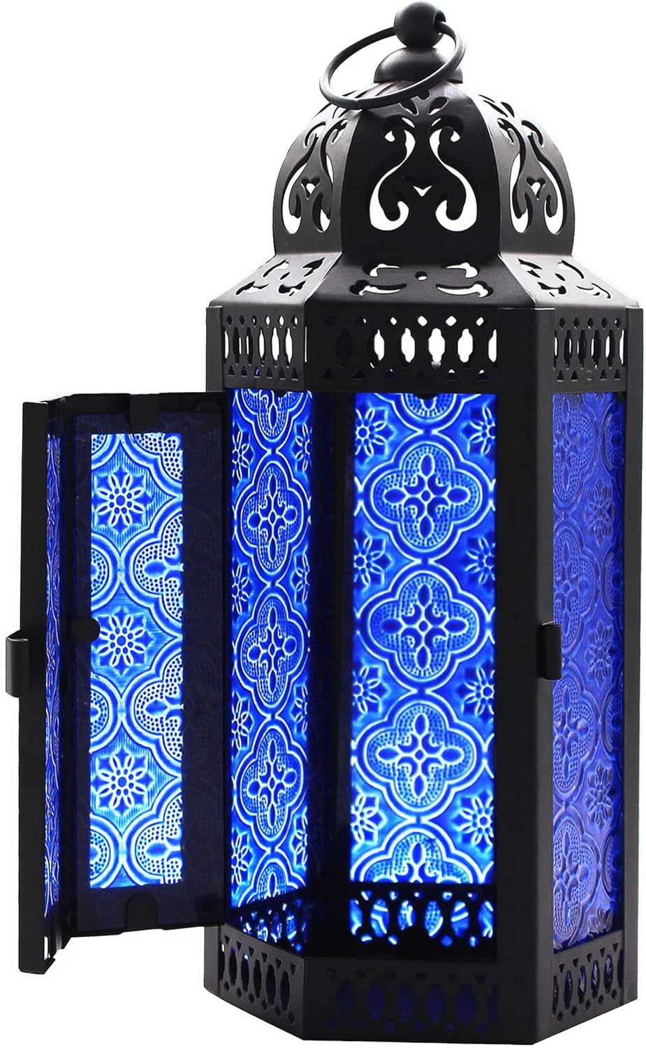 CVHOMEDECO. Decorative Candle Lantern Moroccan Lanterns Vintage Black Metal Lantern Holder for Home Patio Outdoor Decor. Cobalt Glass, Medium image number 5