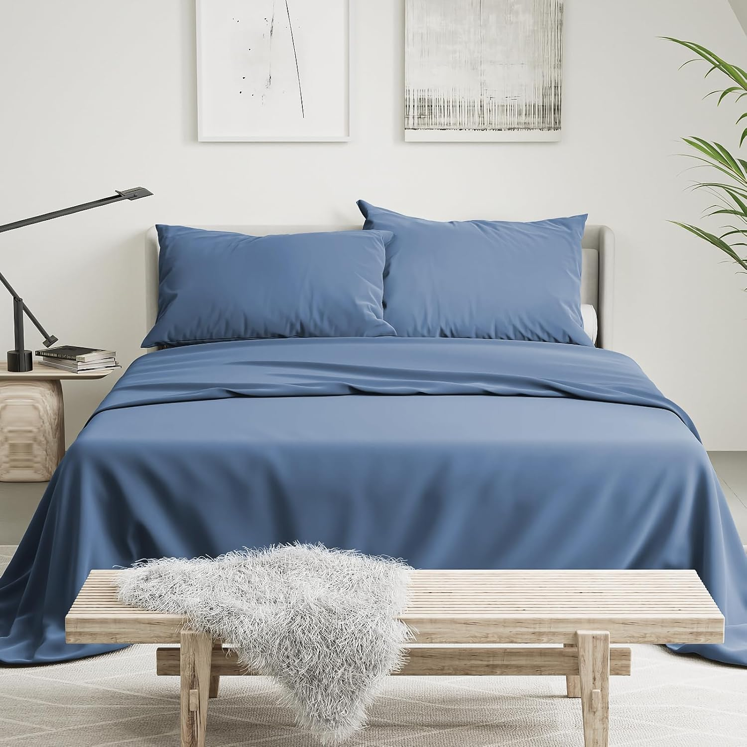 RUN HELIX 4 Pieces King Bed Sheet Set - Ultra Soft Microfibre Fabric Fitted Sheet with 35Cm Deep Pocket, Mattress Protector, Easy Care, Wrinkle Free, Fitted Sheet & Flat Sheet & 2 Pillowcases, Blue image number 1