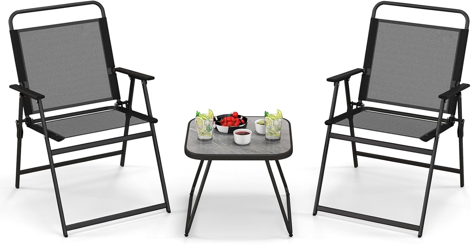 Costway 3 Piece Patio Folding Conversation Set, 2 Folding Chairs W/Coffee Table, Breathable Fabric & Heavy-Duty Metal Frame, Outdoor Portable Folding Chair Set for Backyard, Poolside, Balcony