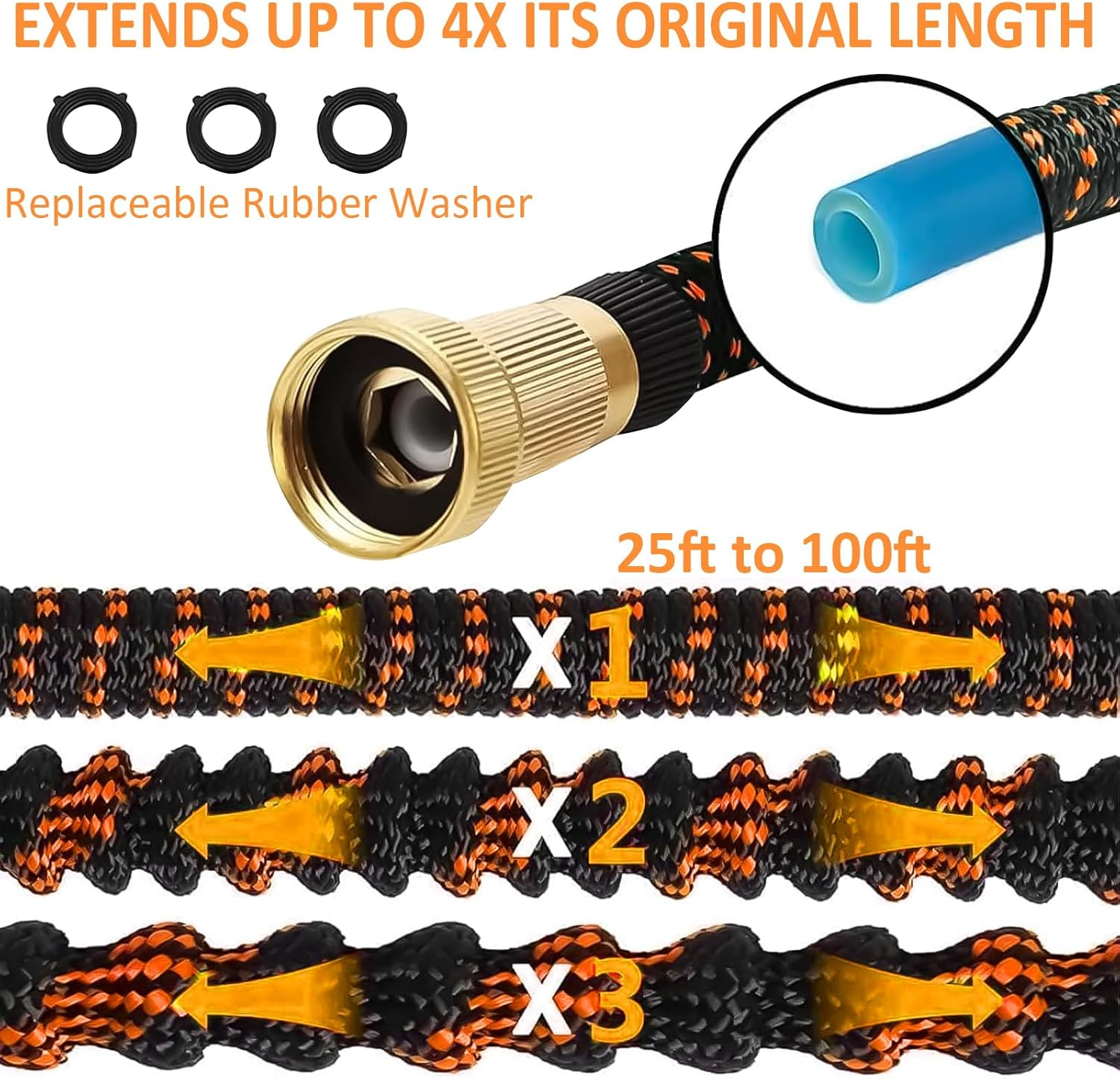 100Ft Expandable Garden Hose, with 8-Pattern Nozzle, 1/2' & 3/4' Convertible Connectors, Retractable Water Hose High Pressure with Dispenser Bottle for Car Wash & Lawn Watering image number 3