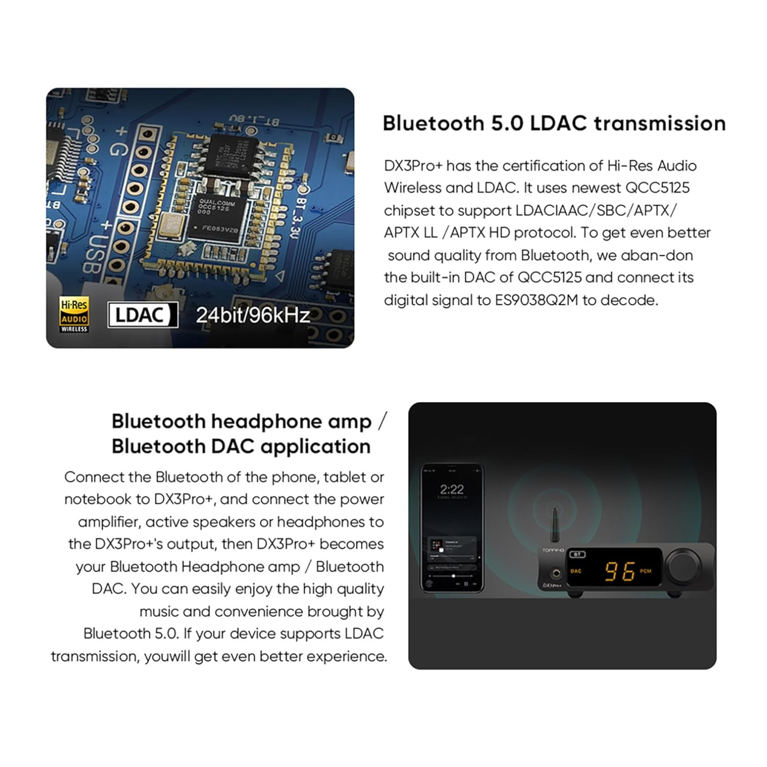 Topping Dx3Pro+ LDAC Headphone Amplifier Decoding NFCA XMOS XU208 Pre-Amp Bluetooth5.0 Usb/Opt/Coax ES9038Q2M DSD512 PCM768 Hi-Res Audio DAC with Remote Control (Black) image number 1