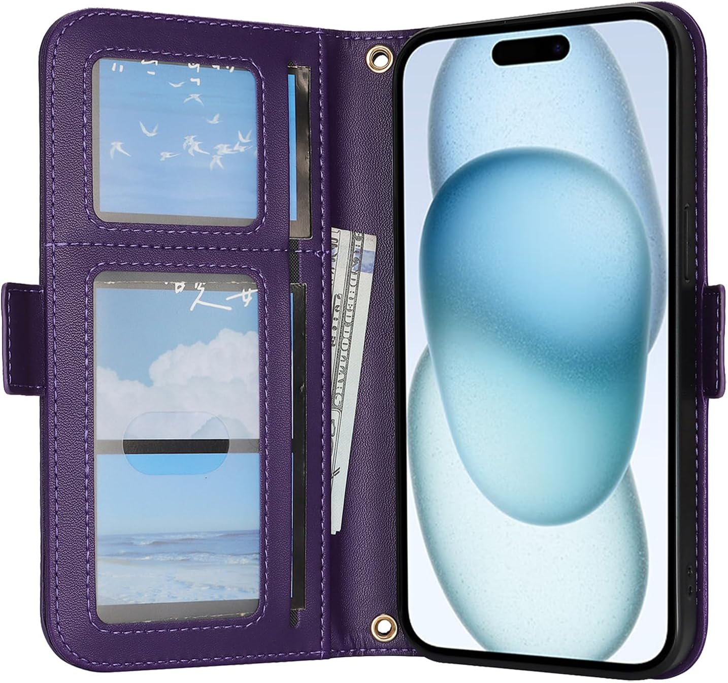 Sunyoo for Iphone 15 Case Leather Wallet with Card Holders Money Slots Wrist Strap for Women Men RFID Blocking Purse for Iphone15 Zipper Coin Pocket Cover Kickstand Folio Flip Case Purple image number 7