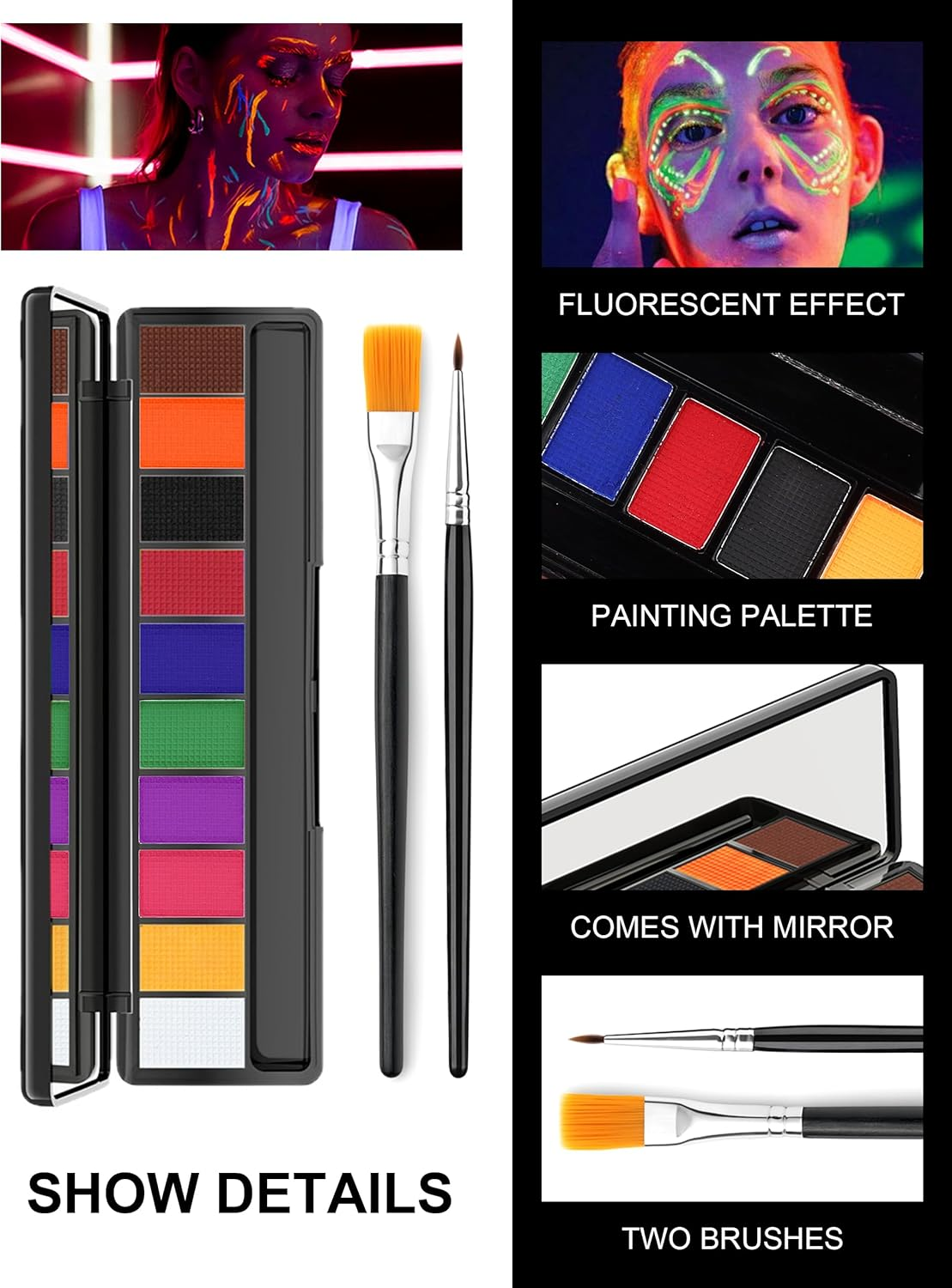 Erinde Professional Face Body Paint Palette, 10 Colors Vibrant Safe for Adults, Water-Based Highly Pigmented Makeup Kit for Halloween, Cosplay, Festivals, Long Lasting Easy Wash off 2# image number 5