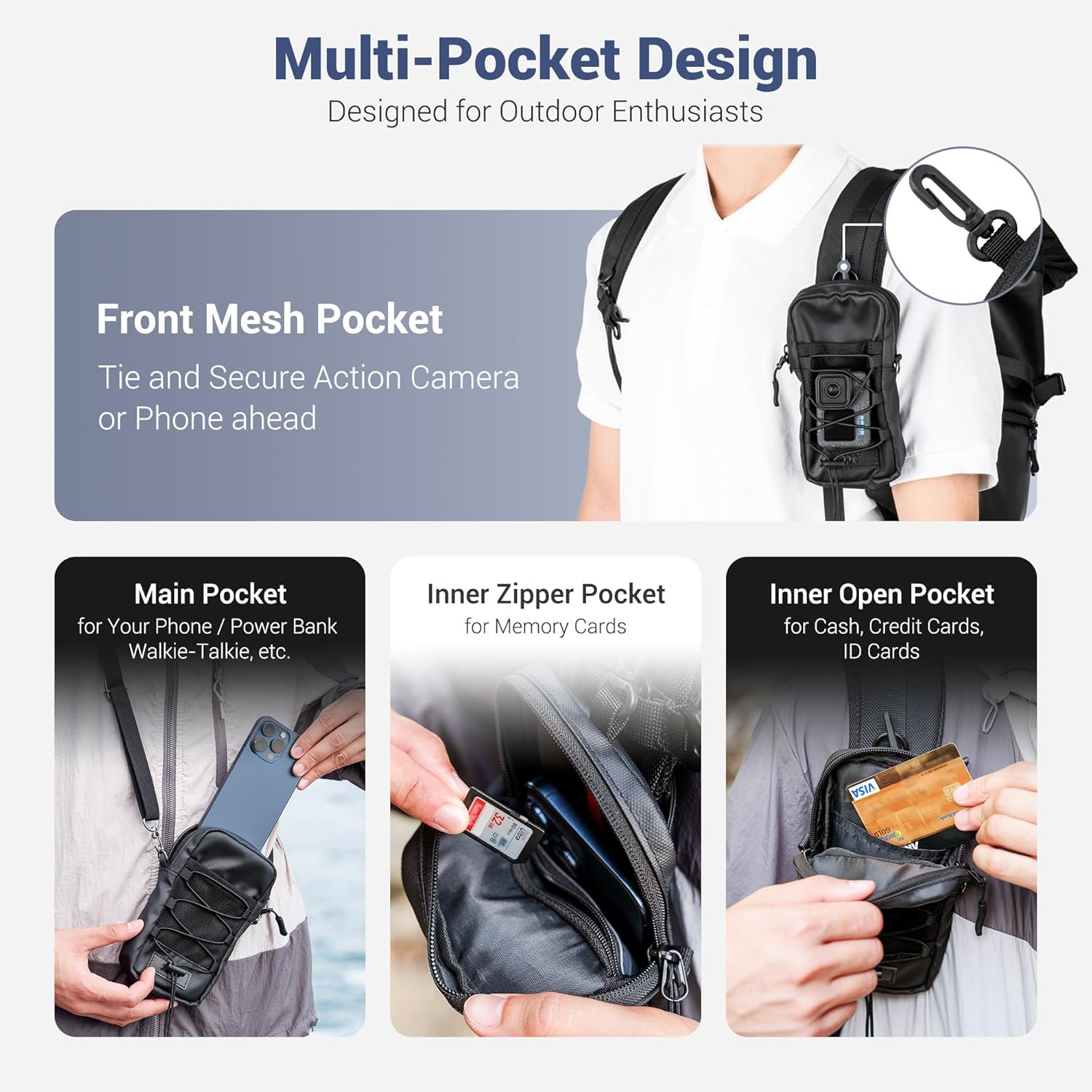 Military Backpack Shoulder Strap Pouch Holder,Tactical Phone Carrying Pouch Crossbody Holsters Bag for Iphone 16 15,Backpack Mount Bag for Phone Gopro Hero13 12 DJI Action 4 5 Pro Fits Hiking image number 2