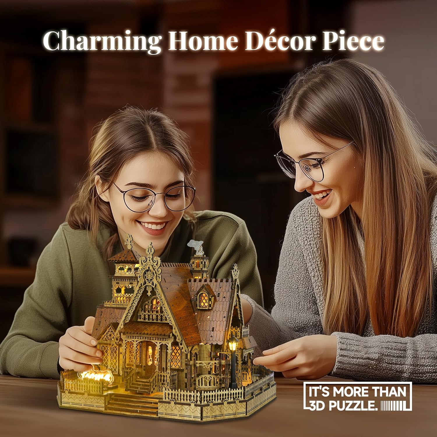 FUNPOLA LED 3D Wood Puzzle Countryside Cottage Model - DIY Miniature Building Kit with Spark LED Lights - 3D Craft Rural Architecture Home D&eacute;cor Adults image number 3