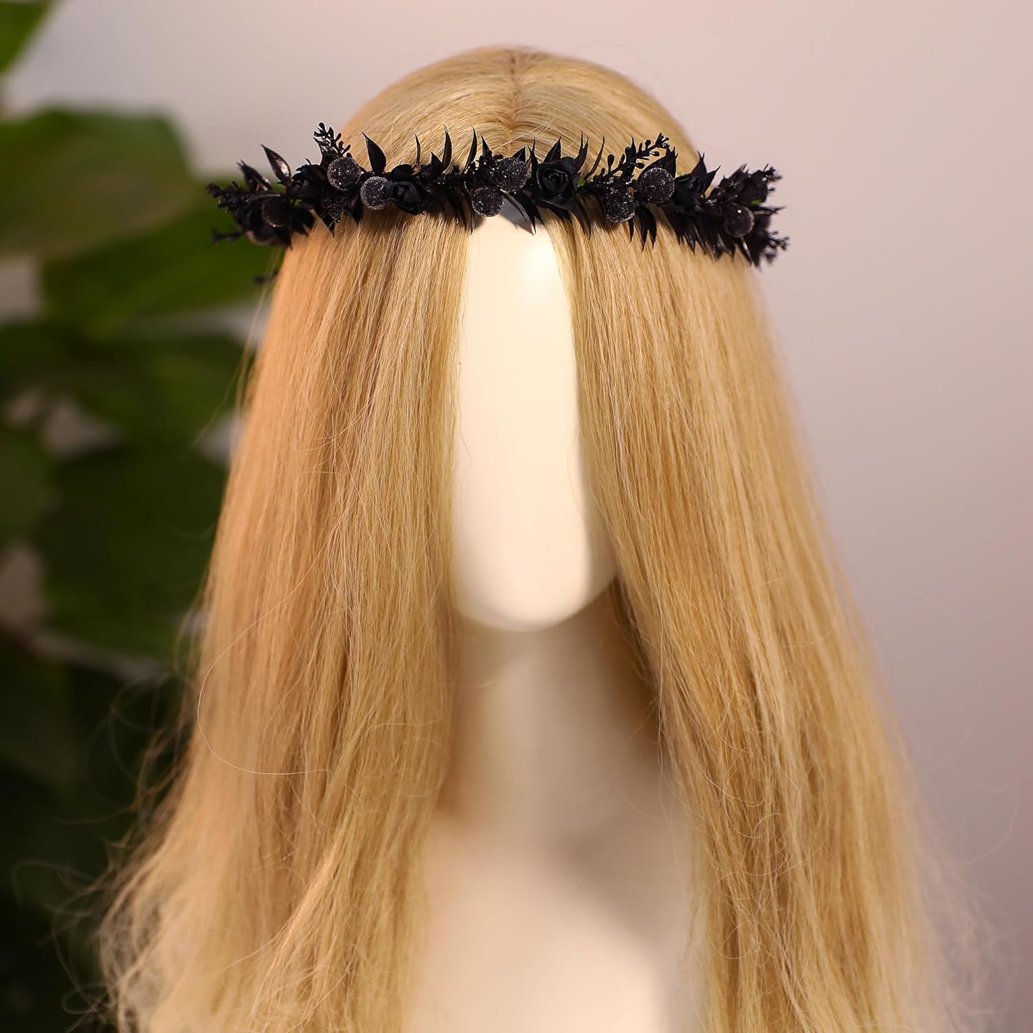 MOSTORY Black Floral Crown - Adjustable Gothic Flower Headpiece Dark Fairy Circlet Wreath Headband Medieval Decorations for Halloween Cosplay Carnival Renaissance Mardi Gras