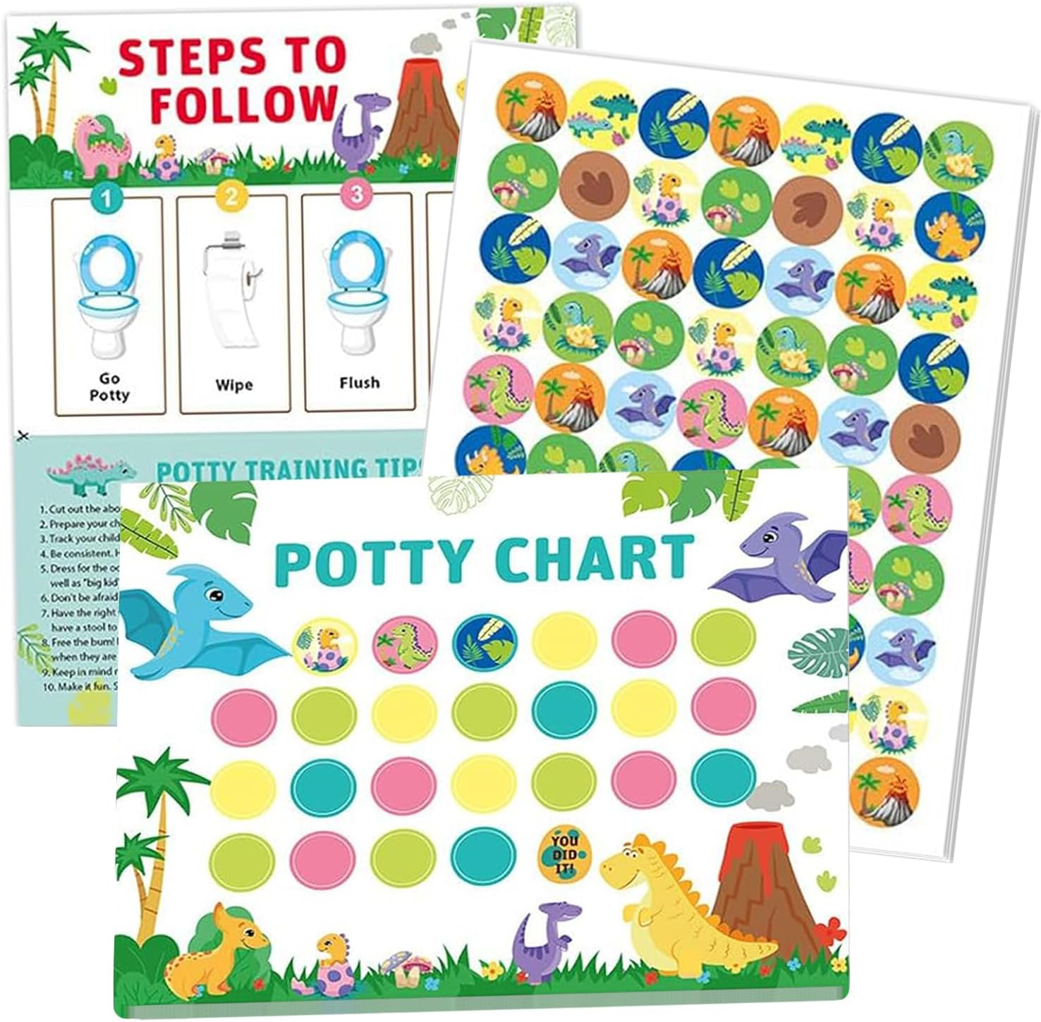 IONPSHG Potty Training Chart for Toddlers Boys & Girls Cartoon Potty Chart with Stickers Toddler Potty Training Sticker Chart for Toilet Training Kids Rewards Chart for Reward Chart on Wall Bathroom (Dinosaur) image number 6