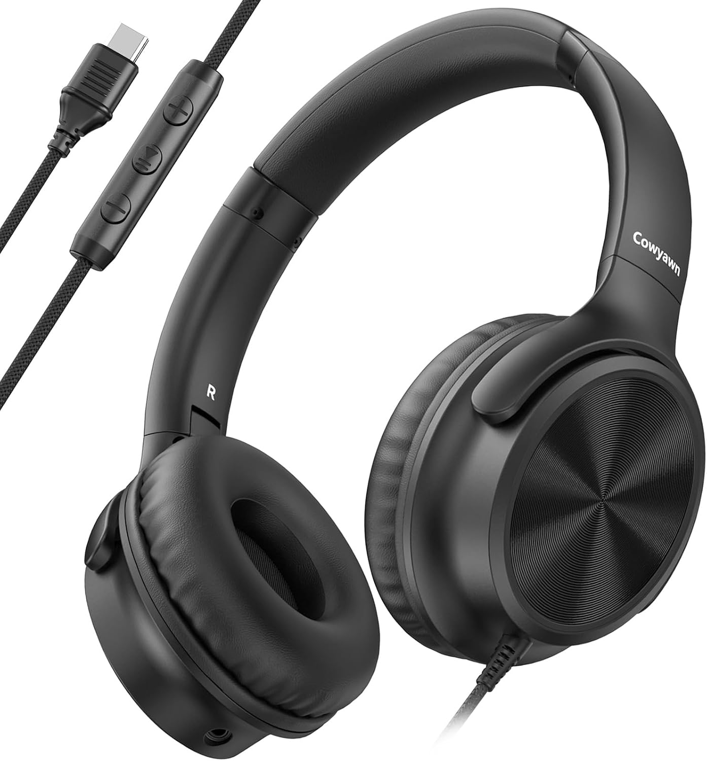Cowyawn USB C Headphones Wired, over Ear Headphones with Microphone, Volume Control, HD Stereo Sound, Foldable Lightweight Headphones for Adult/Teens/Chromebooks/Laptop/Computer/Tablets/Travel (Black)