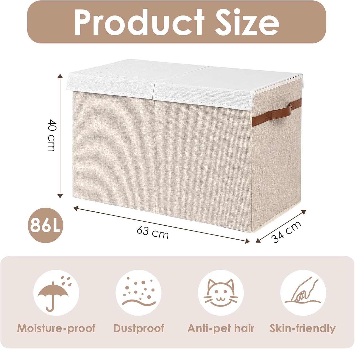 DAWNTREES Large Toy Box Storage Box, Foldable Children'S Storage Box with Flap for Toys, Playroom Storage, Nursery 63X40X34Cm (Beige) - Grey image number 7