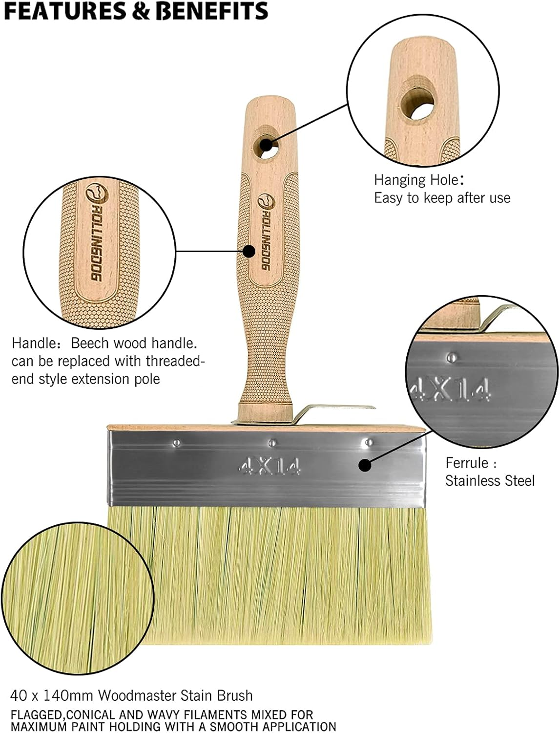 ROLLINGDOG Deck Stain Brush Applicator - Limewash Brush Wood Handle Large Deck Stain Brush for Wall, Wood, Fence, Floor Painting(5.5 Inch) image number 5