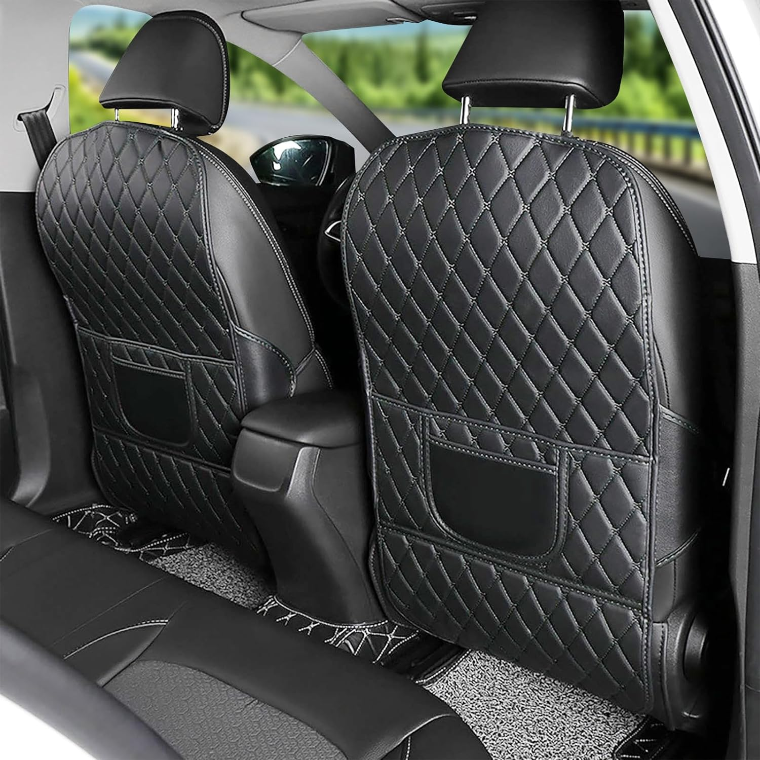 Car Seat Protector Kick Mat for Child Seats,2 Pack Universal Car Seat Back Leather Cover, Non-Slip Seatback Cover with Organizer, Wear Resistant Protects Upholstery from Stains & Damage (Black) image number 4